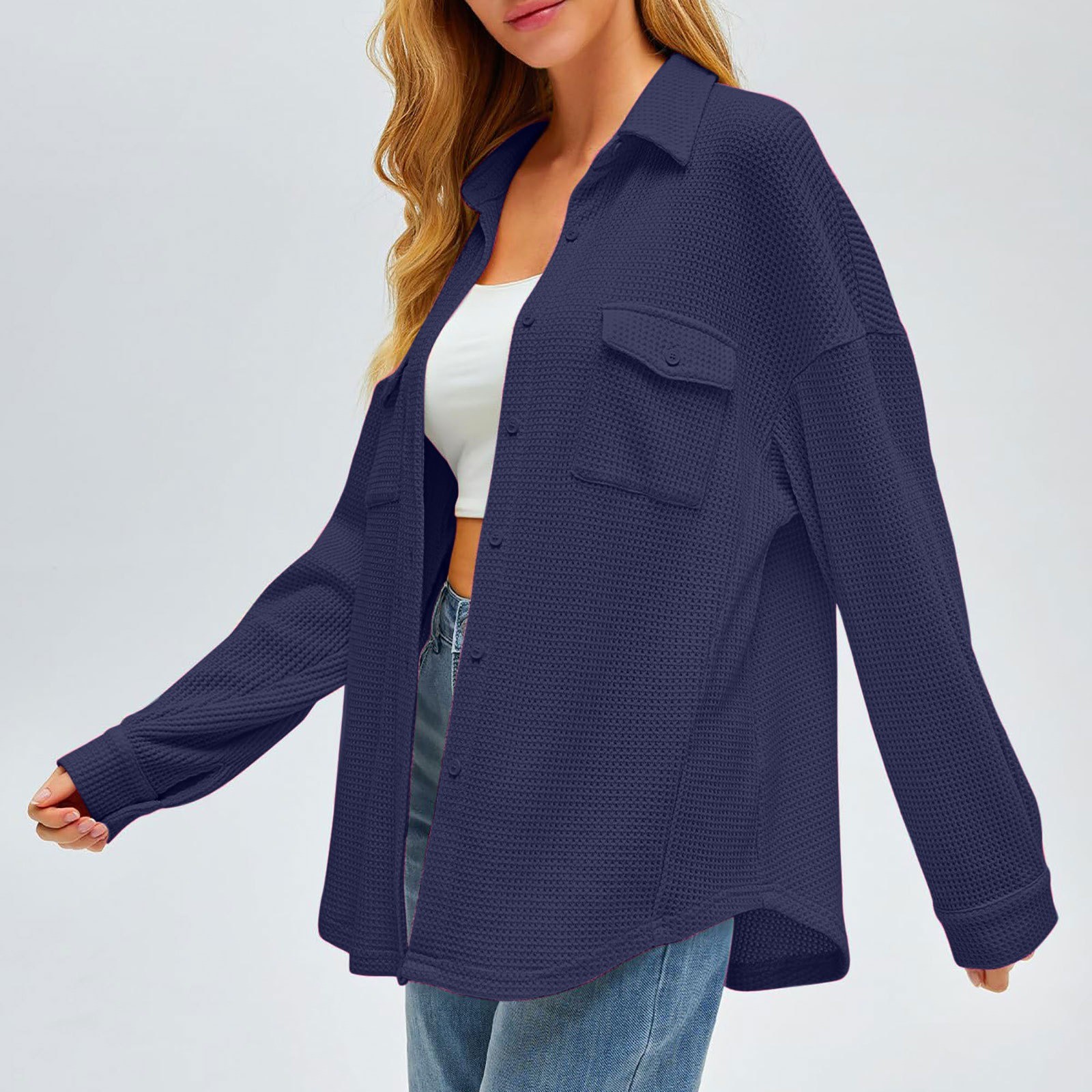 thumbnail image 5 of Camisa con bolsillos de color liso para mujer: top de punto holgado de manga larga, poliéster, versátil para primavera/otoño, tallas US 4-12, EU 34-42, 5 of 8